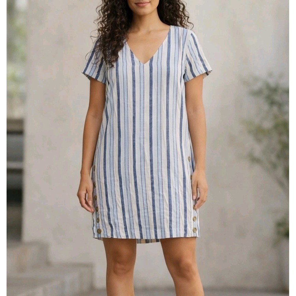 Madewell Women's XS Linen Shift Dress Blue White Stripe V-Neck Side Buttons